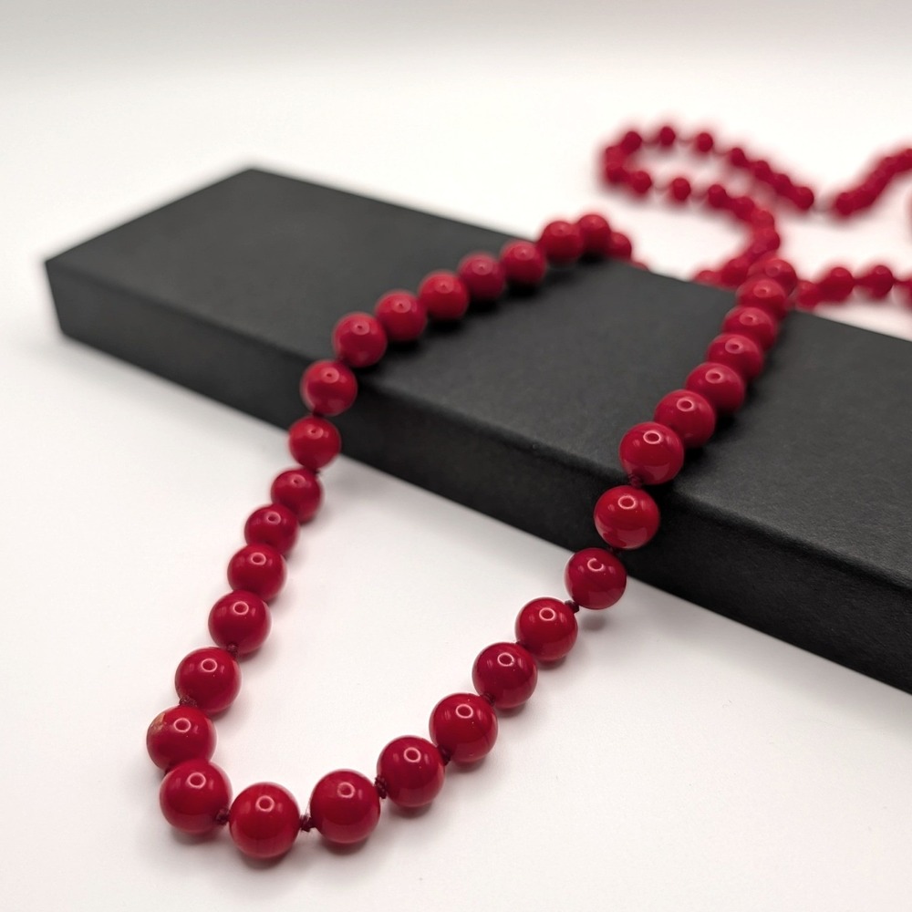 Monet Signed Red Stone Beaded Necklace Hand Knotted Gold Tone Clasp 30"